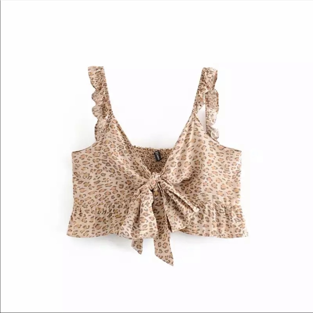 Ruffle Tie Crop Top Leopard Animal Print shirt - Picture 2 of 3